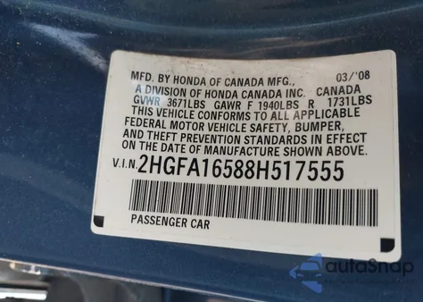 2008 Honda Civic Lx из США, поврежденный, VIN 2HGFA16588H517555